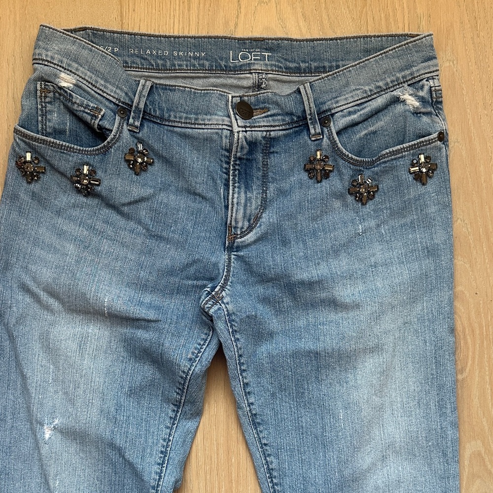 LOFT Women's Distressed Blue Skinny Jeans with Embellishments